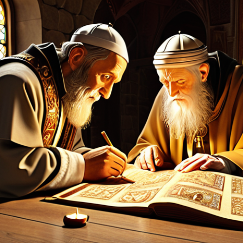 Home 15 **
* **Prompt:** "An evocative image depicting Saints Cyril and Methodius illuminated by golden light, diligently crafting the Cyrillic alphabet amidst ancient scrolls and religious texts. The scene should convey a sense of historical significance and cultural impact, reflecting the alphabet's role in spreading literacy and Christianity among Slavic populations. Focus on warm, inviting tones and meticulous detail to highlight the dedication and artistry involved in their creation. Consider a style reminiscent of illuminated manuscripts."
**