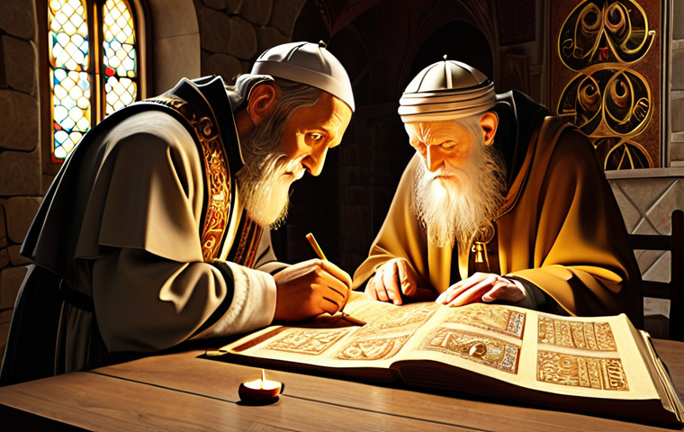 **
* **Prompt:** "An evocative image depicting Saints Cyril and Methodius illuminated by golden light, diligently crafting the Cyrillic alphabet amidst ancient scrolls and religious texts. The scene should convey a sense of historical significance and cultural impact, reflecting the alphabet's role in spreading literacy and Christianity among Slavic populations. Focus on warm, inviting tones and meticulous detail to highlight the dedication and artistry involved in their creation. Consider a style reminiscent of illuminated manuscripts."
**