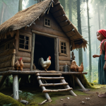 Baba Yaga in her hut standing on chicken legs, giving a magical object to a young girl. Focus on the forest setting and the mystical atmosphere.