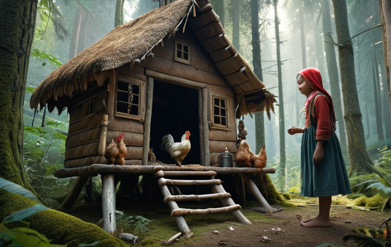 Baba Yaga in her hut standing on chicken legs, giving a magical object to a young girl. Focus on the forest setting and the mystical atmosphere.