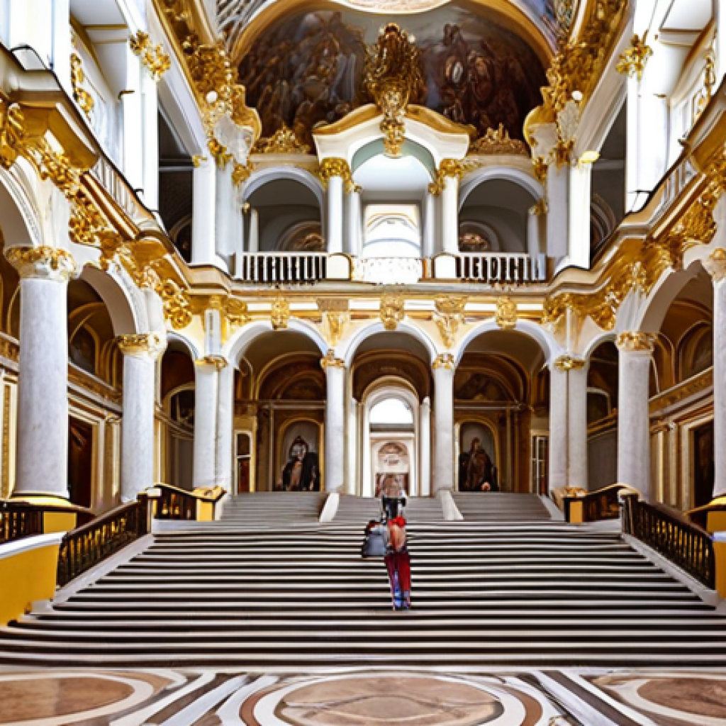 **

"Grand interior view of the Winter Palace's Jordan Staircase, showcasing its elaborate frescoes, statues, and gilded stucco. Capture the architectural masterpiece with tourists taking photos, emphasizing the scale and beauty."

**