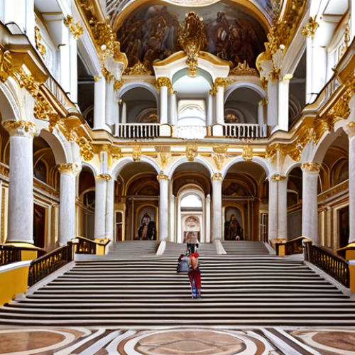 Home 7 **
"Grand interior view of the Winter Palace's Jordan Staircase, showcasing its elaborate frescoes, statues, and gilded stucco. Capture the architectural masterpiece with tourists taking photos, emphasizing the scale and beauty."
**