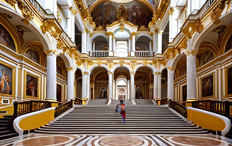 **
"Grand interior view of the Winter Palace's Jordan Staircase, showcasing its elaborate frescoes, statues, and gilded stucco. Capture the architectural masterpiece with tourists taking photos, emphasizing the scale and beauty."
**