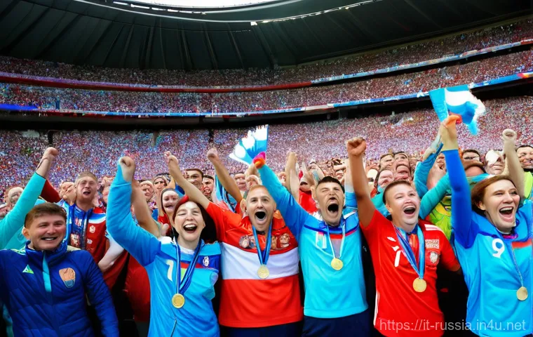 러시아에서 인기 있는 스포츠 - **Prompt 1: Russian Football Fan Celebration**
"A wide, dynamic shot of a diverse group of Russi...