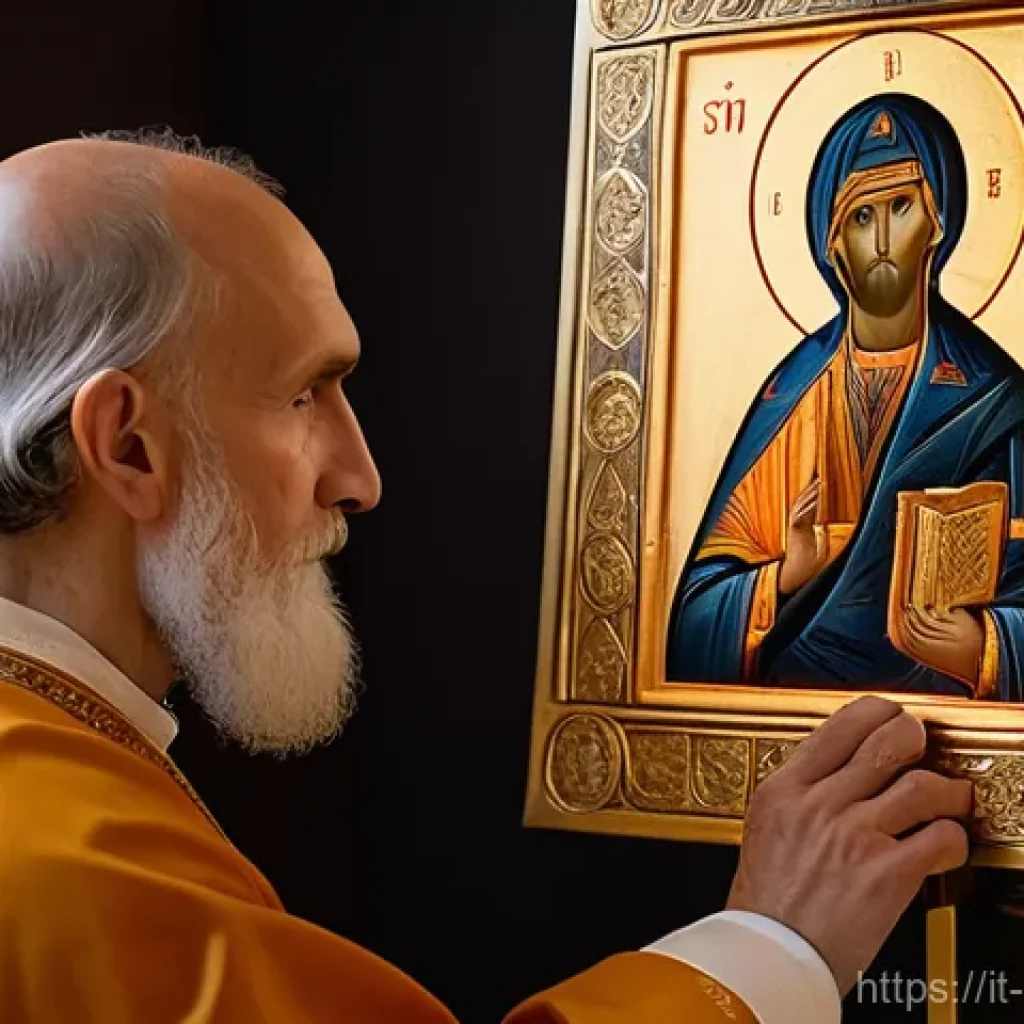 러시아의 전통 그림 기법 - "A serene Russian iconographer, dressed in traditional monastic robes, meticulously applying fine de...