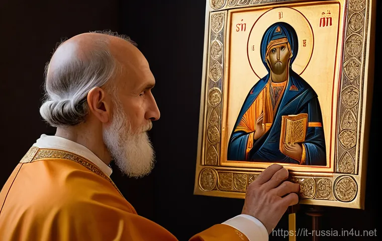 러시아의 전통 그림 기법 - "A serene Russian iconographer, dressed in traditional monastic robes, meticulously applying fine de...