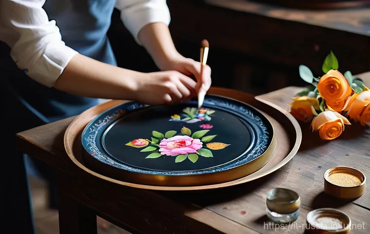 러시아의 전통 그림 기법 - "A close-up of a collection of vibrant Khokhloma-painted wooden items, such as bowls, spoons, and sm...