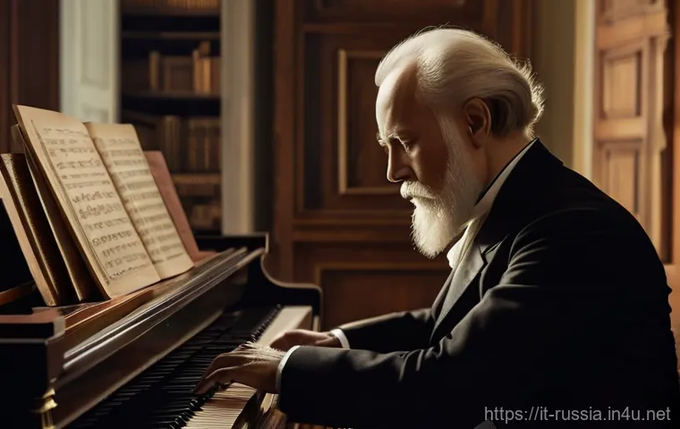 러시아에서 유명한 음악가들 - **Prompt:** A solemn 19th-century Russian classical composer, resembling Pyotr Ilyich Tchaikovsky, d...