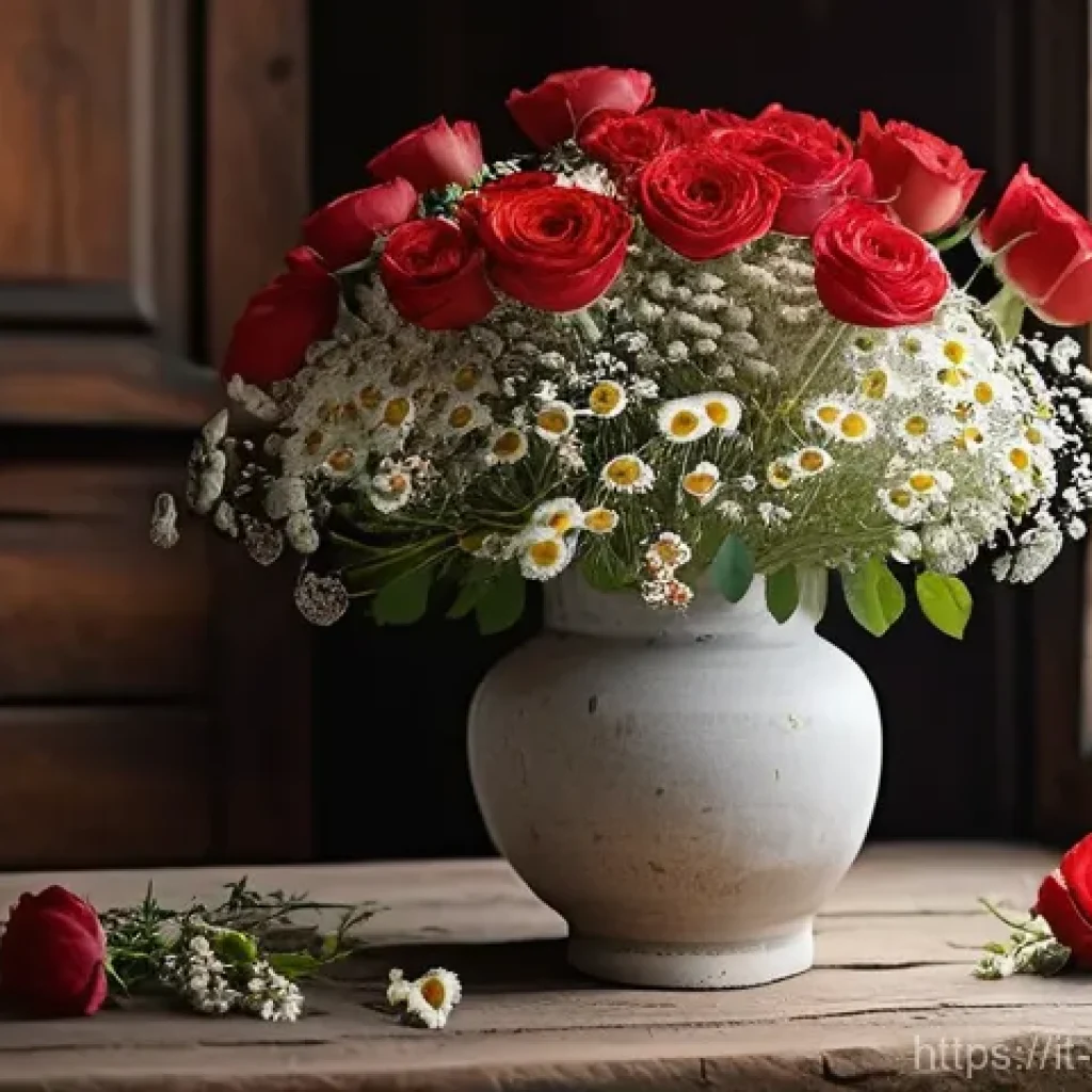 러시아 전통 꽃꽂이 예술 - **Prompt:** A beautiful, structured yet natural Russian floral arrangement, featuring an odd number ...