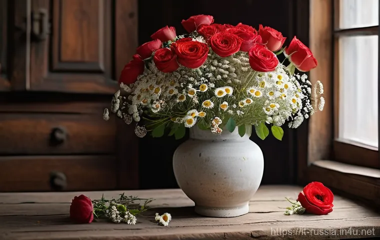 러시아 전통 꽃꽂이 예술 - **Prompt:** A beautiful, structured yet natural Russian floral arrangement, featuring an odd number ...