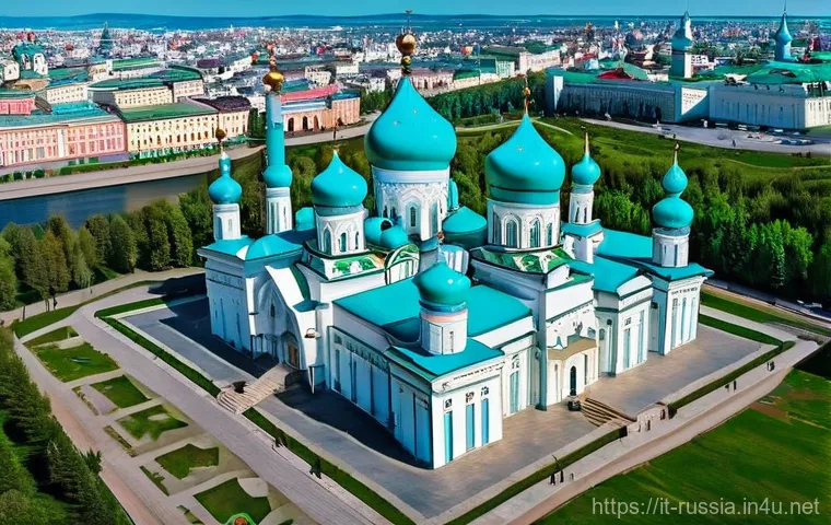 러시아 문화의 이슬람 영향 - **Kazan Kremlin: A Symphony of Domes**
    A stunning, vibrant panoramic view of the Kazan Kremlin u...