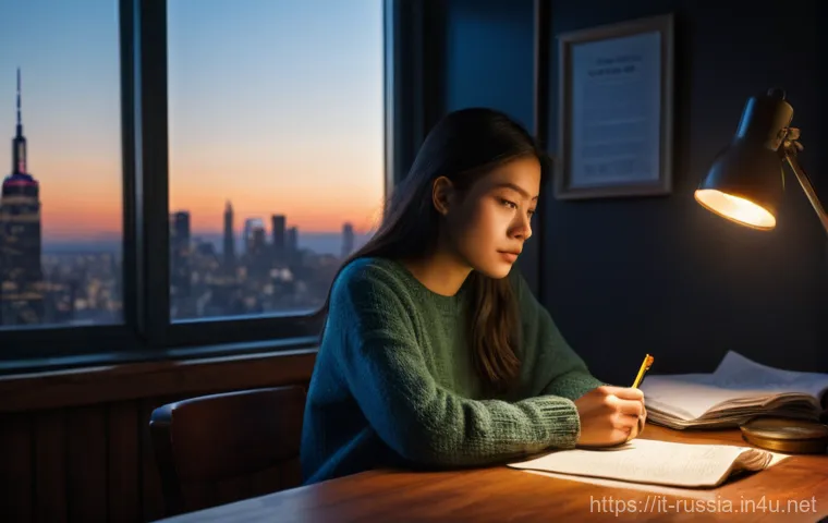 러시아 대중매체와 언론 - **Prompt:** A young, determined female journalist, around 25 years old, sits focused at a rustic woo...