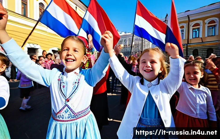 러시아 독립기념일의 의미 - **Prompt:** A vibrant and joyful scene capturing Russia's Independence Day celebrations in a bustlin...