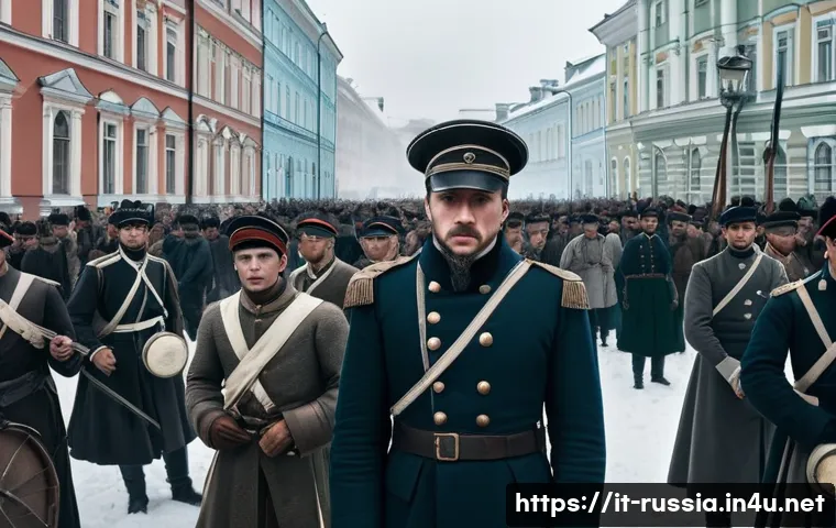 러시아 독립운동 역사 - A detailed historical scene depicting the Decembrist Revolt of 1825 in Imperial Russia: a cold winte...