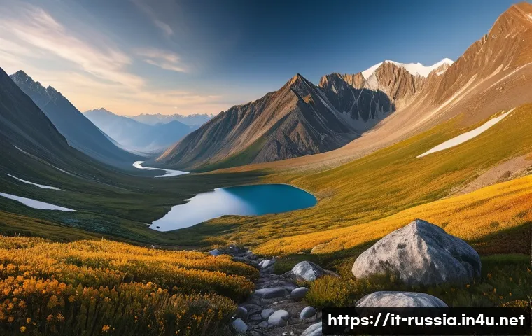 러시아의 산악 지형 - A breathtaking panoramic view of the Altai Mountains at sunrise, showcasing towering peaks covered w...