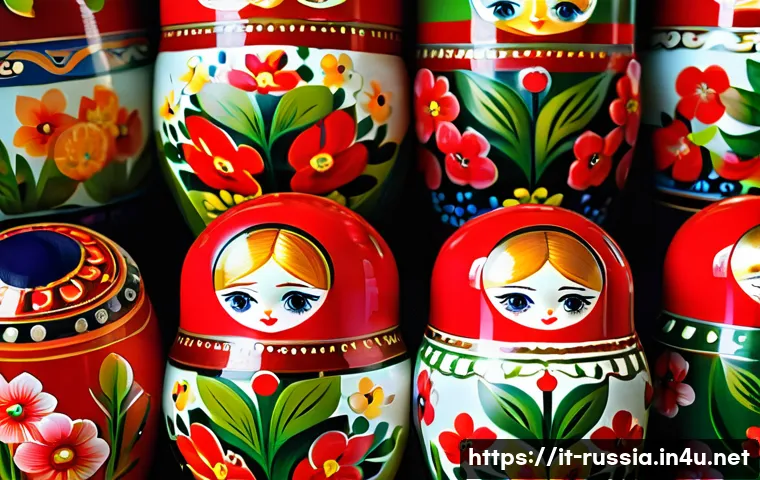 러시아 전통 장식품 - A detailed close-up of traditional Russian Matryoshka dolls, nested one inside another, each hand-pa...