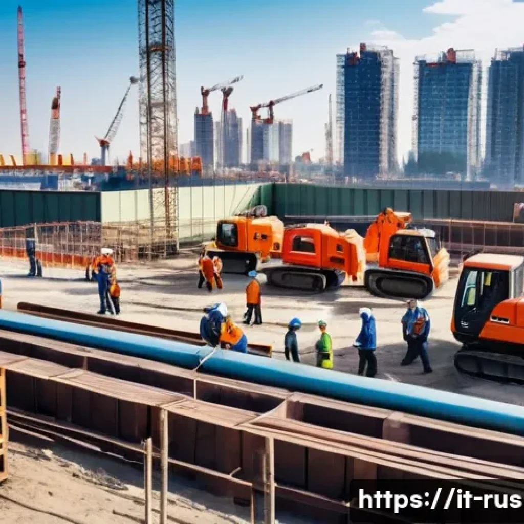 러시아의 이민 정책 - A busy urban Russian construction site featuring a diverse group of workers wearing safety gear and ...