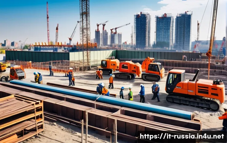 러시아의 이민 정책 - A busy urban Russian construction site featuring a diverse group of workers wearing safety gear and ...