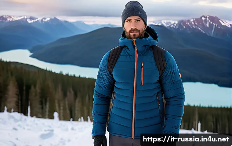 러시아 겨울철 옷차림 - A detailed winter layering outfit designed for extreme cold in Russia, featuring a close-fitting mer...