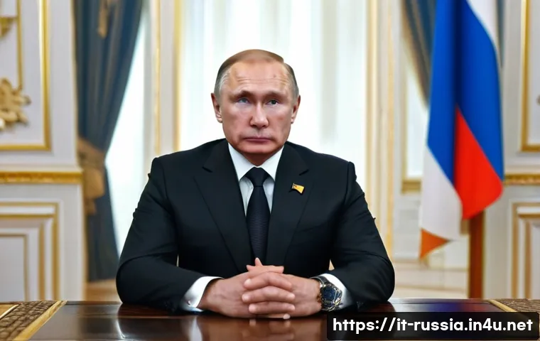 러시아 현대 정치가들 - A powerful and charismatic Russian president in a formal office setting, dressed in a tailored dark ...