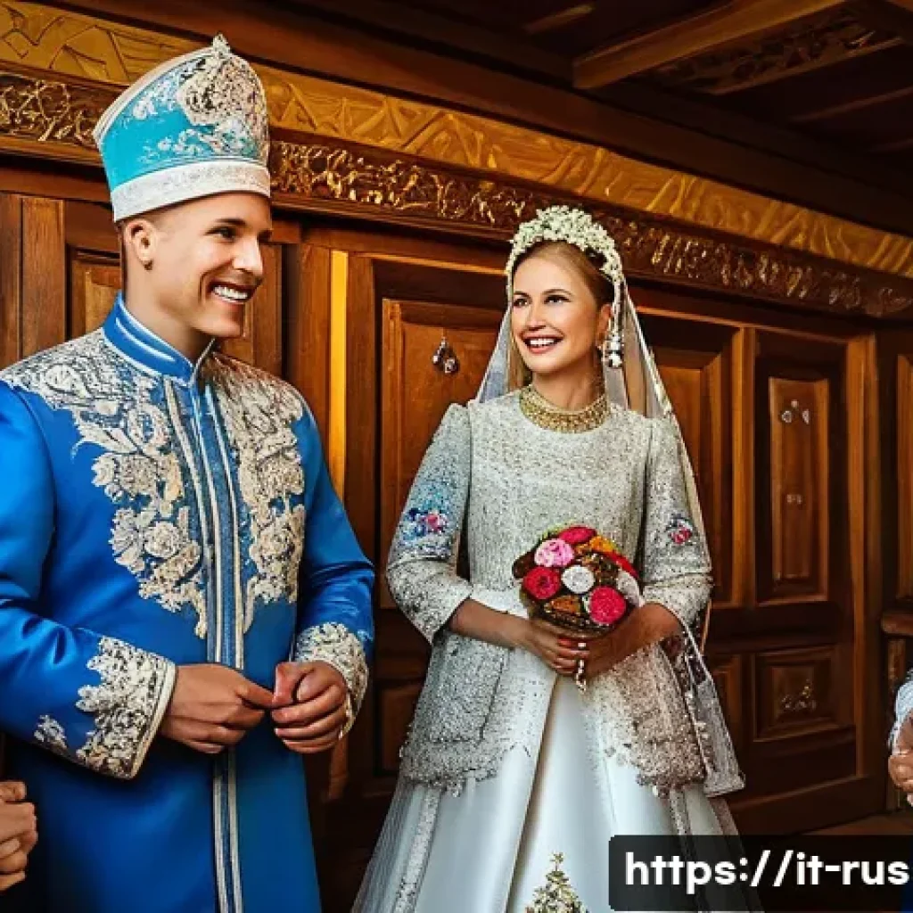 러시아 전통 결혼식 풍습 - A vibrant scene depicting the groom’s arrival at the bride’s traditional Russian home during a weddi...