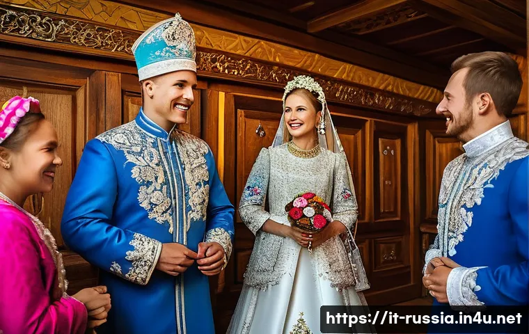 러시아 전통 결혼식 풍습 - A vibrant scene depicting the groom’s arrival at the bride’s traditional Russian home during a weddi...