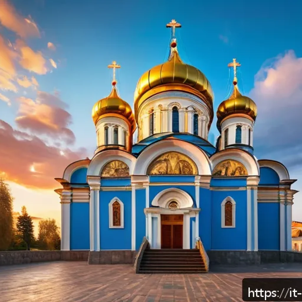 러시아 정교회 건축물 - A majestic Russian Orthodox church exterior at sunset, featuring multiple golden onion-shaped domes ...