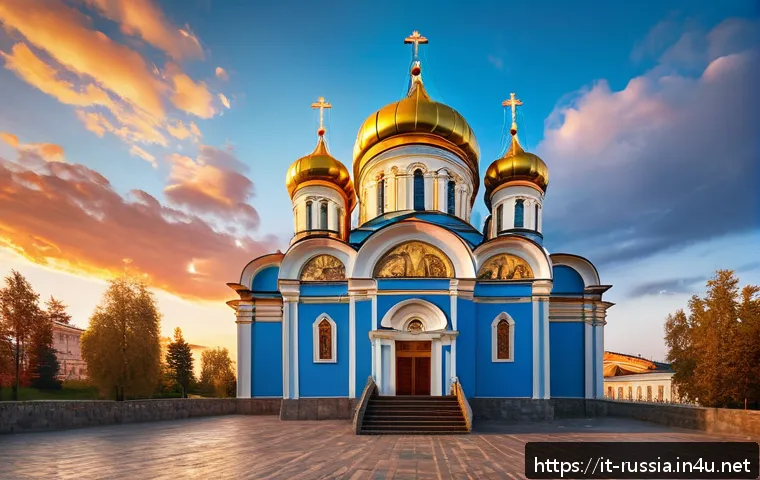 러시아 정교회 건축물 - A majestic Russian Orthodox church exterior at sunset, featuring multiple golden onion-shaped domes ...