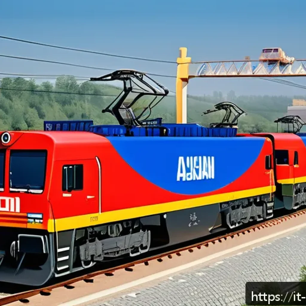 러시아 국제 무역 동향 - A detailed illustration of a modern Russian freight train traveling along the New Silk Road railway,...