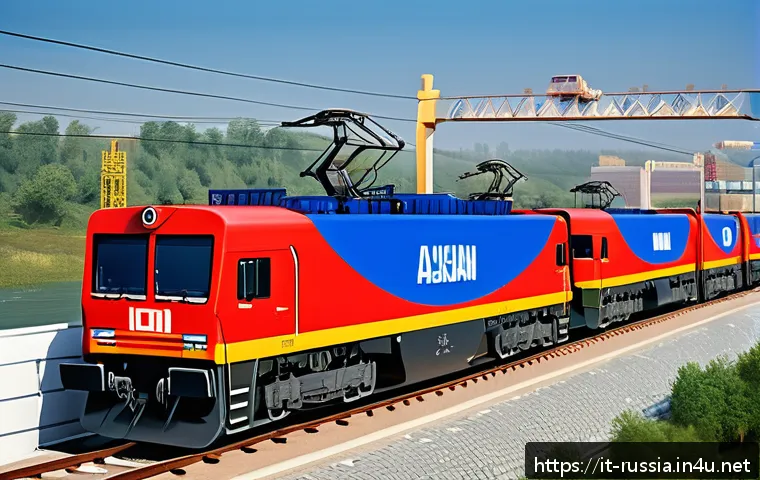 러시아 국제 무역 동향 - A detailed illustration of a modern Russian freight train traveling along the New Silk Road railway,...
