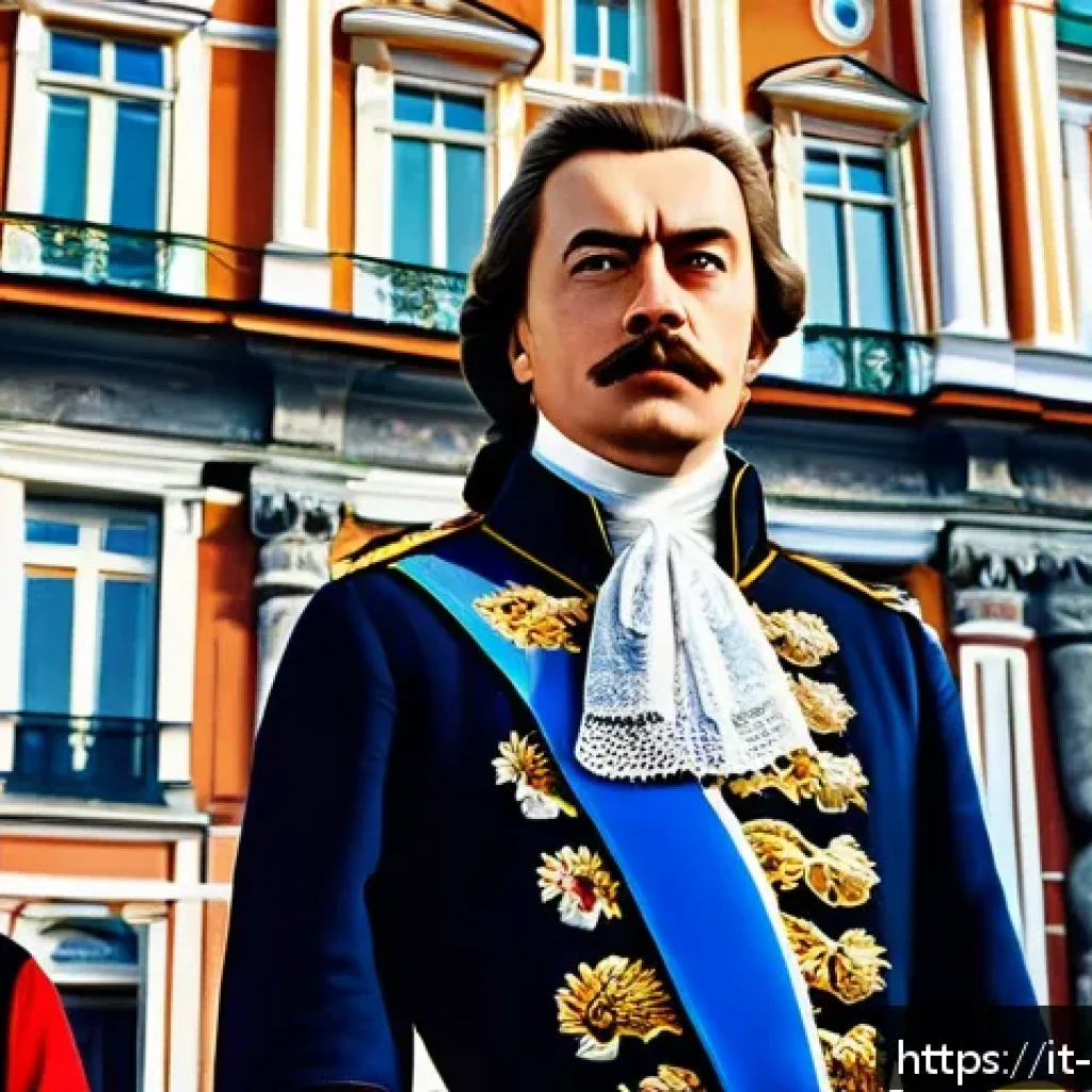 러시아 역사적 사건 분석 - A grand historical scene depicting Peter the Great standing confidently in the newly founded city of...