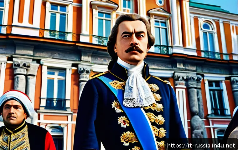 러시아 역사적 사건 분석 - A grand historical scene depicting Peter the Great standing confidently in the newly founded city of...