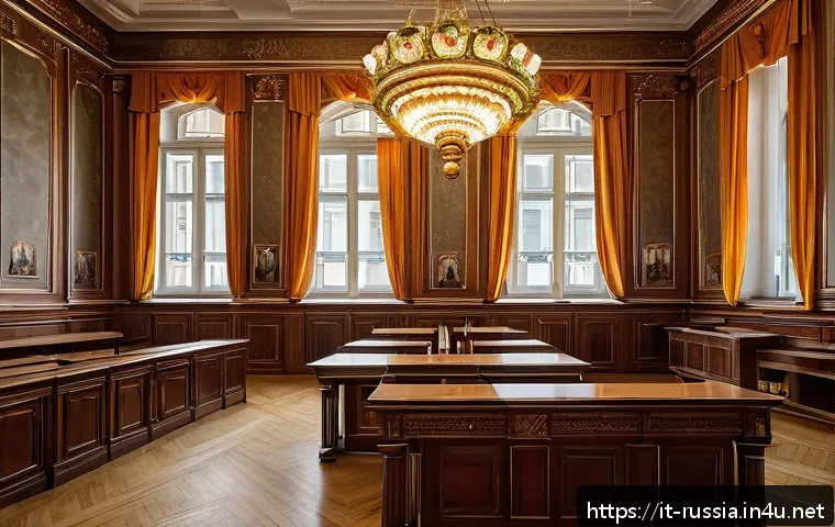 러시아의 법률 체계 - An intricate scene depicting a historic Russian courtroom from the pre-Soviet era, blending elements...
