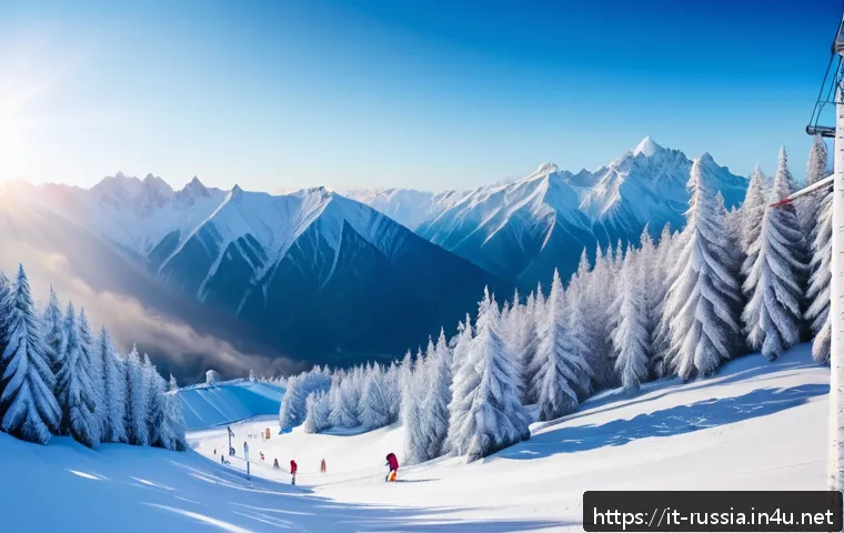 러시아 겨울 스포츠 체험 - A panoramic winter landscape of Sochi’s ski resort with modern ski lifts and diverse ski slopes, sur...
