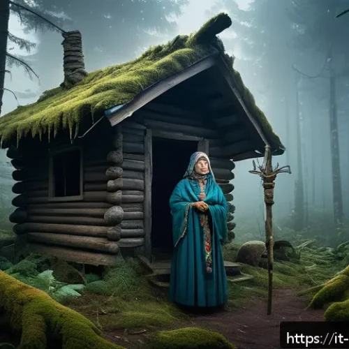 러시아 민족과 신화 - A detailed illustration of Baba Yaga&rsquo;s hut perched on giant chicken legs deep within a dense, ancien...