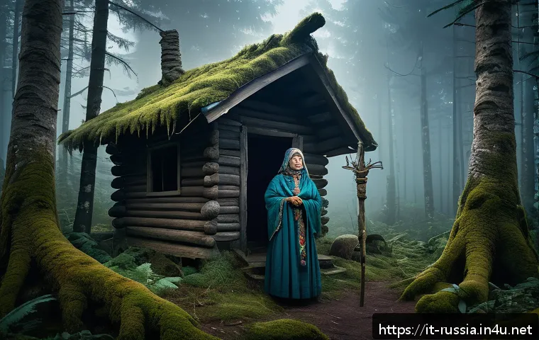 러시아 민족과 신화 - A detailed illustration of Baba Yaga&rsquo;s hut perched on giant chicken legs deep within a dense, ancien...