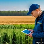 러시아 농업과 농촌 생활 - A modern Russian agricultural field in the Siberian region during late spring, featuring a sleek agr...
