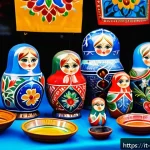 러시아 민속 공예품 구매처 - A vibrant outdoor cultural market scene in Milan, featuring colorful stalls with authentic Russian h...