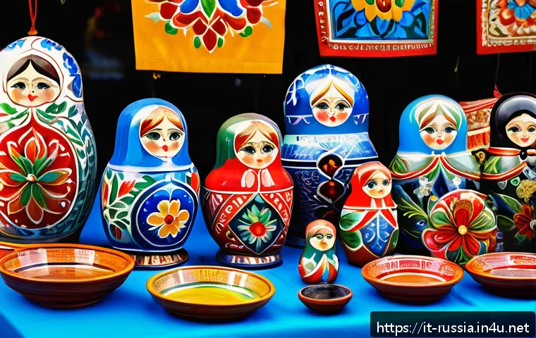 러시아 민속 공예품 구매처 - A vibrant outdoor cultural market scene in Milan, featuring colorful stalls with authentic Russian h...
