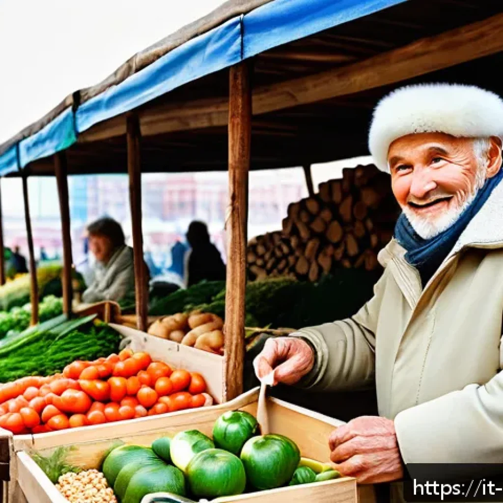 러시아 여행 중 의사소통 방법 - A detailed scene of a traveler in Moscow’s bustling outdoor market, respectfully communicating with ...