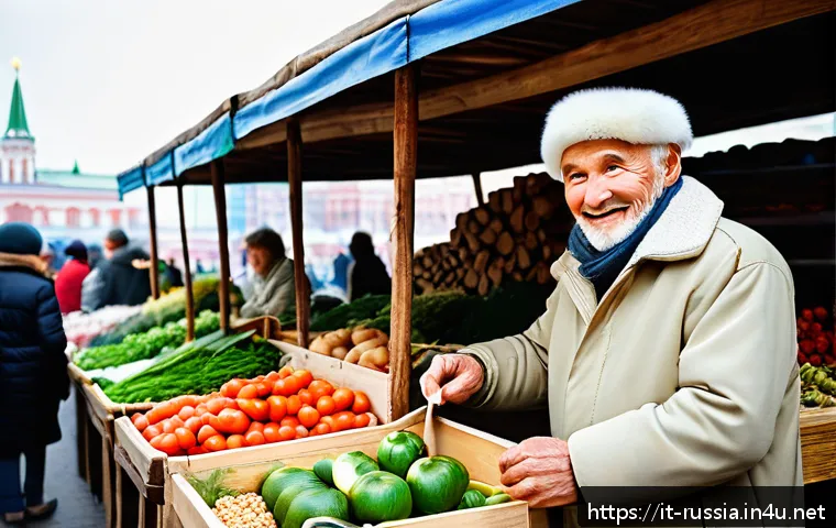 러시아 여행 중 의사소통 방법 - A detailed scene of a traveler in Moscow’s bustling outdoor market, respectfully communicating with ...