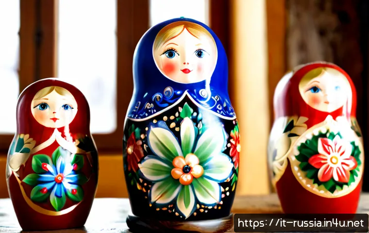 Home 30 러시아 전통 목공예 - Photorealistic close-up of a traditional Russian wooden nesting doll set, hand-painted floral folk p...