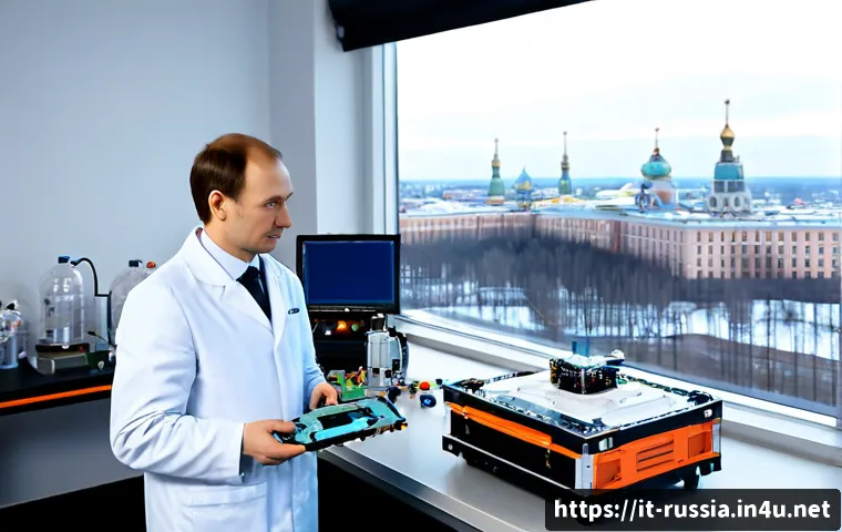 러시아 과학 기술의 발전 - Photorealistic modern Russian aerospace research laboratory, diverse team of scientists in clean whi...