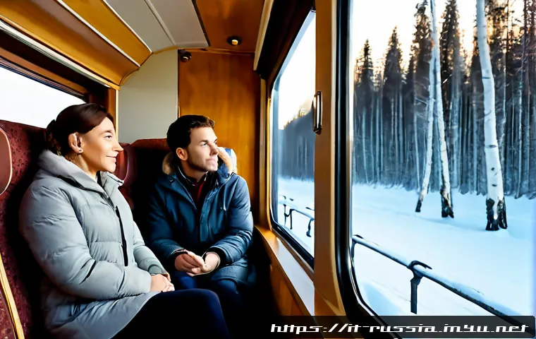 Home 17 시베리아 횡단 열차 여행 - Photorealistic winter journey aboard a classic Trans-Siberian passenger train, viewed from inside a ...